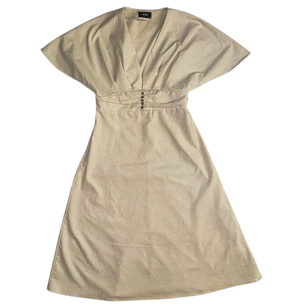 Cider Linen Blend V-Neck Solid Ruffle Ruched Midi Dress Women's 10 - Picture 2 of 10